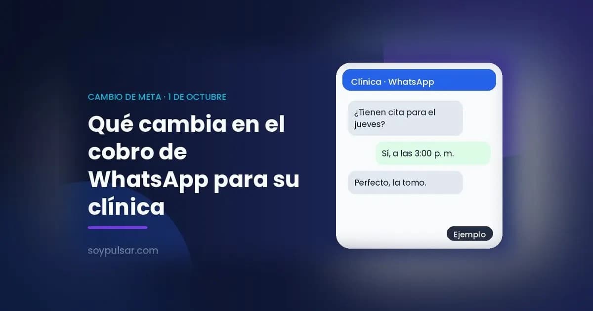 Portada con el título “Qué cambia en el cobro de WhatsApp para su clínica” y un chat de ejemplo en el que un paciente pide y toma una cita para el jueves